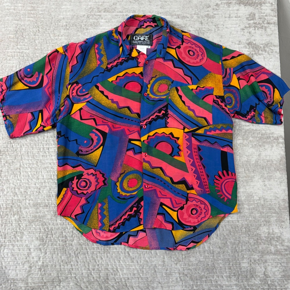 Vintage 80's Cafe Abstract Geometric Print Rayon Button Up Shirt Large USA Made
